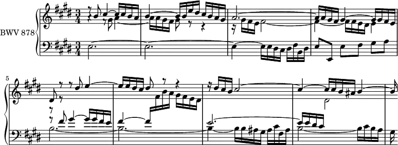 
\version "2.18.2"
\header {
  tagline = ##f
}
upper = \relative c'' {
  \clef treble 
  \key e \major
  \time 3/4
  \tempo 4 = 60
  \set Staff.midiInstrument = #"harpsichord" 
   %% PRÉLUDE CBT II-9, BWV 878, mi majeur
   << { r8 b8 cis4~ cis16 cis b a | b4~ b16 b e dis cis b a gis a2.~ a16 a gis fis gis4~ gis16 gis fis e dis8 r8 r8 dis'8 e4~ e16 e dis cis dis8 r8 r4 r16 dis16 cis b cis2~ cis4~ cis16 cis b ais b4~ b16 } \\ { a4\rest f8\rest \stemDown gis8 a4_~ a16 a gis fis gis8 r8 r4 r16 gis fis e fis2~ fis4~ fis16 fis e dis e4 r8 r8 } >>
}
lower = \relative c {
  \clef bass 
  \key e \major
  \time 3/4
  \set Staff.midiInstrument = #"harpsichord" 
    e2.~ e~ e4~ e16 e dis cis dis fis b, dis | e8 e, e'[ fis] gis a |
    << { r8 fis'8 gis4~ gis16 gis fis e fis4~ fis16 \stemDown \change Staff = "upper" fis16 b a gis fis e dis \change Staff = "lower" \stemUp e2.~ e16 e dis cis \stemDown \change Staff = "upper" dis2 \change Staff = "lower" } \\ { b2.~ b~ b4~ b16 b ais gis ais cis fis, ais b2~ b16 cis b a gis16 } >>
} 
\score {
  \new PianoStaff <<
    \set PianoStaff.instrumentName = #"BWV 878"
    \new Staff = "upper" \upper
    \new Staff = "lower" \lower
  >>
  \layout {
    \context {
      \Score
      \remove "Metronome_mark_engraver"
      \override SpacingSpanner.common-shortest-duration = #(ly:make-moment 1/2)
    }
  }
  \midi { }
}
