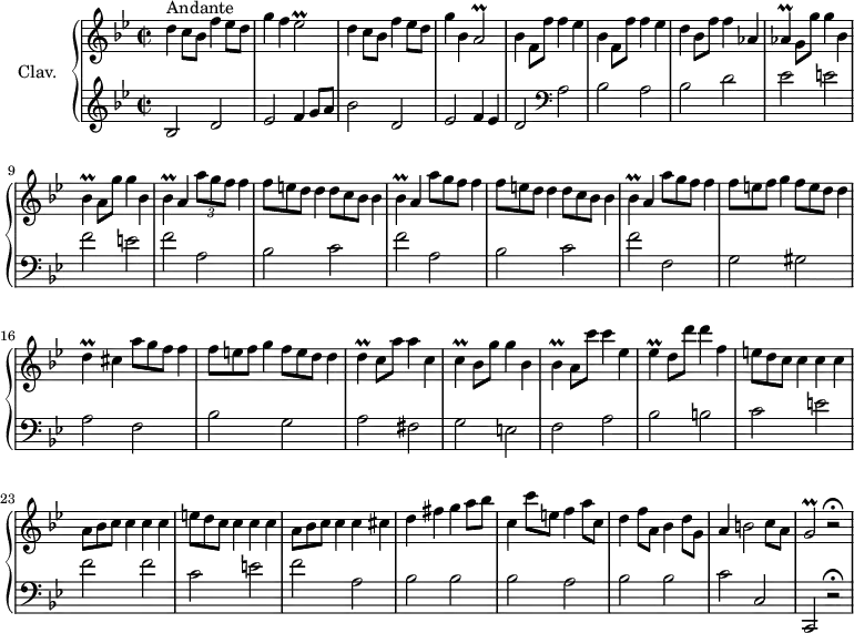 
\version "2.18.2"
\header {
  tagline = ##f
  % composer = "Domenico Scarlatti"
  % opus = "K. 310"
  % meter = "Andante"
}
%% les petites notes
trillEesb     = { \tag #'print { ees2\prall } \tag #'midi { f32 ees f ees~ ees8~ ees4 } }
trillAb       = { \tag #'print { a2\prall } \tag #'midi { bes32 a bes a~ a8~ a4 } }
trillAes      = { \tag #'print { aes4\prall } \tag #'midi { bes32 aes bes aes~ aes8 } }
trillBes      = { \tag #'print { bes4\prall } \tag #'midi { c32 bes c bes~ bes8 } }
trillEes      = { \tag #'print { ees4\prall } \tag #'midi { f32 ees f ees~ ees8 } }
trillC        = { \tag #'print { c4\prall } \tag #'midi { d32 c d c~ c8 } }
trillD        = { \tag #'print { d4\prall } \tag #'midi { e32 d e d~ d8 } }
trillGb       = { \tag #'print { g2\prall } \tag #'midi { a32 g a g~ g8~ g4 } }
upper = \relative c'' {
  \clef treble 
  \key bes \major
  \time 2/2
  \tempo 2 = 72
  \set Staff.midiInstrument = #"harpsichord"
  \override TupletBracket.bracket-visibility = ##f
      s8*0^\markup{Andante}
      d4 c8 bes f'4 ees8 d | g4 f \trillEesb | d4 c8 bes f'4 ees8 d | g4 bes, \trillAb | \repeat unfold 2 { bes4 f8 f' f4 ees } |
      % ms. 7
      d4 bes8 f' f4 aes, | \trillAes g8 g' g4 bes,4 | \trillBes a8 g' g4 bes, | \repeat unfold 2 { \trillBes a4 \times 2/3 { a'8 g f } f4  \omit TupletNumber 
      % ms. 11
      \times 2/3 { f8 e d } d4 \times 2/3 { d8 c bes } bes4 } | \trillBes a4 \times 2/3 { a'8 g f } f4
      % ms. 15
      \times 2/3 { f8 e f } g4 \times 2/3 { f8 e d } d4 | \trillD cis4 \times 2/3 { a'8 g f } f4 | \times 2/3 { f8 e f } g4 \times 2/3 { f8 e d } d4 | \trillD c8 a' a4 c, |
      % ms. 19
      \trillC bes8 g' g4 bes, | \trillBes a8 c' c4 ees, | \trillEes d8 d' d4 f, | \times 2/3 { e8 d c } c4 c c |
      % ms. 23
      \times 2/3 { a8 bes c } c4 c c | \times 2/3 { e8 d c } c4 c c | \times 2/3 { a8 bes c } c4 c cis | d fis g a8 bes
      % ms. 27
      c,4 c'8 e, f4 a8 c, | d4 f8 a, bes4 d8 g, | a4 b2 c8 a | \trillGb r2\fermata |
}
lower = \relative c' {
  \clef bass
  \key bes \major
  \time 2/2
  \set Staff.midiInstrument = #"harpsichord"
  \override TupletBracket.bracket-visibility = ##f
    % ************************************** \appoggiatura a16  \repeat unfold 2 {  } \times 2/3 { }   \omit TupletNumber 
        \clef treble  bes2 d | ees f4 g8 a | bes2 d, | ees f4 ees | d2   \clef bass a |
      % ms. 6
      bes2 a | bes d | ees e | f e | \repeat unfold 2 { f a, |
      % ms. 14…
      bes2 c } | f2 f,
      % ms. 14
      g2 gis | a f | bes g | a fis |
      % ms. 19
      g2 e | f a | bes b | c e |
      % ms. 23
      f2 f | c e | f a, | bes bes |
      % ms. 27
      bes2 a | bes bes | c c, | c, r2\fermata
}
thePianoStaff = \new PianoStaff <<
    \set PianoStaff.instrumentName = #"Clav."
    \new Staff = "upper" \upper
    \new Staff = "lower" \lower
  >>
\score {
  \keepWithTag #'print \thePianoStaff
  \layout {
      #(layout-set-staff-size 17)
    \context {
      \Score
     \override SpacingSpanner.common-shortest-duration = #(ly:make-moment 1/2)
      \remove "Metronome_mark_engraver"
    }
  }
}
\score {
  \keepWithTag #'midi \thePianoStaff
  \midi { }
}
