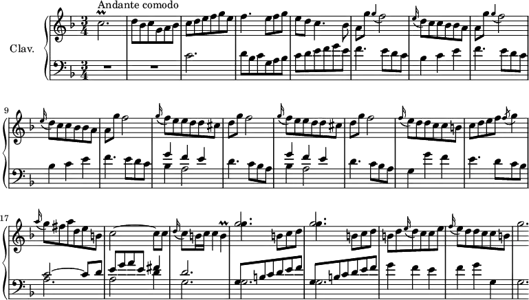 
\version "2.18.2"
\header {
  tagline = ##f
  % composer = "Domenico Scarlatti"
  % opus = "K. 437"
  % meter = "Allegro"
}
%% les petites notes
trillcbp     = { \tag #'print { c2.\prall } \tag #'midi { d32 c d c~ c8~ c2 } }
appoGF       = { \tag #'print { \appoggiatura g4 f2 } \tag #'midi { g8 f4. } }
trillB       = { \tag #'print { b4\prall } \tag #'midi { c32 b c b~ b8 } }
upper = \relative c'' {
  \clef treble 
  \key f \major
  \time 3/4
  \tempo 4 = 88
  \set Staff.midiInstrument = #"harpsichord"
  \override TupletBracket.bracket-visibility = ##f
      s8*0^\markup{Andante comodo}
      \trillcbp | d8 bes c g a bes | c d e f g e | f4. e8 f g | e d c4. bes8 |
      % ms. 6
      \repeat unfold 2 { a8 g' \appoGF | \appoggiatura e16 d8 c c bes bes a } | a8 g'  f2 |
      % ms. 11
      \repeat unfold 2 { \appoggiatura g16 f8 e e d d cis | d g f2 } | \appoggiatura f16 e8 d d c c b |
      % ms. 16 
      c8 d e f \acciaccatura f8 g4 | \appoggiatura a16 g8 fis a d, e b | c2~ c8 c | \appoggiatura d16 c8 b16 c c4 \trillB | 
      % ms. 20
      \repeat unfold 2 { << { g'2. } \\ { g4. b,8 c d  } >> } | b8 d \appoggiatura e16 d8 c c e | \appoggiatura f16 e8 d d c c b | g'2.*1/4
      % ms. 25
}
lower = \relative c' {
  \clef bass
  \key f \major
  \time 3/4
  \set Staff.midiInstrument = #"harpsichord"
  \override TupletBracket.bracket-visibility = ##f
    % ************************************** \appoggiatura a16  \repeat unfold 2 {  } \times 2/3 { }   \omit TupletNumber 
      R2.*2 | c2. | d8 bes c g a bes | c d e f g e |
      % ms. 6
      \repeat unfold 2 { f4. e8 d c | bes4 c e } | f4. e8 d c 
      % ms. 11
      \repeat unfold 2 { << { g'4 f e } \\ { bes4 a2 } >> d4. c8 bes a } | g4 g' f |
      % ms. 16
      e4. d8 c bes | << { c2~ c8 d | e g a e fis4 | d2. } \\ { a2. | a2 d4 | g,2. } >> |
      % ms. 20
      \repeat unfold 2 { << { g8 b c d e f } \\ { g,2. } >> } | g'4 f e | f g g, | g2.*1/4
      % ms. 25
}
thePianoStaff = \new PianoStaff <<
    \set PianoStaff.instrumentName = #"Clav."
    \new Staff = "upper" \upper
    \new Staff = "lower" \lower
  >>
\score {
  \keepWithTag #'print \thePianoStaff
  \layout {
      #(layout-set-staff-size 17)
    \context {
      \Score
     \override SpacingSpanner.common-shortest-duration = #(ly:make-moment 1/2)
      \remove "Metronome_mark_engraver"
    }
  }
}
\score {
  \keepWithTag #'midi \thePianoStaff
  \midi { }
}
