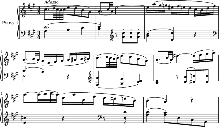 
\version "2.18.2"
\header {
  tagline = ##f
}
upper = \relative c' {
  \clef treble 
  \key a \major
  \time 3/4
  \tempo "Adagio" 4 = 40
    cis'8.  ^\markup{ \italic { Adagio} } (d64 cis b cis e8 d b gis) 
    a8. (cis32 a) e'2 ~ 
    e16 a (gis g eis fis e d cis b d fis)
    a,8. (b32 a) gis16-! e (fis gis a ais b bis)
    cis8. (d64 cis b cis) e8 (d b gis)
    a8. (cis32 a) eis'4 ~ eis16 (fis gis a)
    a8 ~ a32 (b cis a) e16 (a cis, fis e dis d b)
    b4 (a) r
}
lower = \relative c {
  \clef bass
  \key a \major
  \time 3/4
   <<{\stemDown a'4 b d cis} \\ {\stemUp e2. ^(e4)}>>
   \clef treble r8 <gis d'>8-. <gis d'>-. <gis d'>-.
   <a cis>4 (<d, d'>) r \clef bass
   <<{\stemDown e,2} \\ {\stemUp cis'4 ^(b)}>> r4 \clef treble
   <a a'> (<b gis'> < d e>)
   <cis e> r8 <d b'>8 ^ (<dis c'>) <dis c'>
   <e cis'!>4 r \clef bass r8 <e, d'>8 <a d>4 (<a cis>8) e cis a 
} 
\score {
  \new PianoStaff <<
    \set PianoStaff.instrumentName = #"Piano"
    \new Staff = "upper" \upper
    \new Staff = "lower" \lower
  >>
  \layout {
    \context {
      \Score
      \remove "Metronome_mark_engraver"
    }
  }
  \midi { }
}
