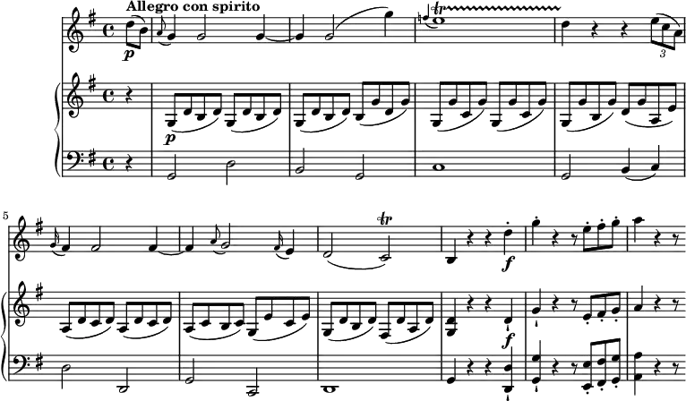 
\version "2.18.2"
\header {
  tagline = ##f
}
upper = \relative c'' {
                 \key g \major
                 \time 4/4
                 \tempo 4 = 140
                 \set Staff.midiMinimumVolume = #0.2 \set Staff.midiMaximumVolume = #0.5
               \partial 4 r4 g,8\p (d' b d)  \repeat unfold 2 { g, (d' b d)}
               b (g' d g) g, ( g' c, g') g, ( g' c, g') g, ( g' b, g') d ( g a, e')
               a, ( d c d) a ( d c d) a (c b c) g ( e' c e) g, ( d' b d) fis, ( d' a d) 
               <g, d'>4 r r d'-!\f g-! r r8 e-. fis-. g-. a4 r r8
            }
lower =      \relative c {
                \clef bass 
                \key g \major
                \time 4/4       
           \partial 4  r4 g2 d' b g c1 g2 b4 (c)
           d2 d, g c, d1  g4 r r <d-! d'> <g-! g'> r r8 <e-. e'> <fis-. fis'> <g-. g'> <a a'>4 r r8
             }
 vl = \relative c'' {
              \key g \major
              \time 4/4
           \partial 4 d8\p ^ \markup {\bold {"Allegro con spirito"} } (b)
           \grace a8 (g4) g2 g4 ~ g g2 (g'4)
           \grace f4 (e1)\startTrillSpan  d4 \stopTrillSpan r r \tuplet 3/2 {e8 (c a)}
           \grace g16 (fis4) fis2 fis4 ~ fis \grace a8 (g2) \grace fis16 (e4) d2 (c \trill)
           b4 r r d'-.\f g-. r r8 e-. fis-. g-. a4 r r8
                 }            
\score {
    \new GrandStaff <<
      \new PianoStaff <<  
        \new Staff = "upper" \upper
        \new Staff = "lower" \lower
    >>
   \new Staff = "vl" \vl
    >>
    \layout {
    \context {
      \Score
      \remove "Metronome_mark_engraver"
    }
  }
  \midi { }
}
