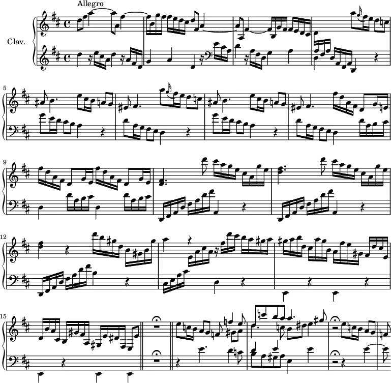 
\version "2.18.2"
\header {
  tagline = ##f
}
%% les petites notes
trillBesp     = { \tag #'print { bes4.\prall } \tag #'midi { c16 bes c bes c bes } }
upper = \relative c'' {
  \clef treble
  \key d \major
  \time 4/4
  \tempo 4 = 96
  \set Staff.midiInstrument = #"harpsichord"
      s8*0^\markup{Allegro}
      d8 fis a4~ a8 a, fis'4~ | fis16 b, g' fis fis e d cis d8 fis, a4~ | a8 a, fis'4~ fis16 b, g' fis fis e d cis |
      % ms. 4
      d16 \stemUp \change Staff = "lower" a fis a s4 \stemNeutral \change Staff = "upper" \repeat unfold 2 { a''8 \appoggiatura g16 fis16 e d8 c | ais8 b4. | e8  cis16 b a8 g | eis8 fis4. }
      % ms. 8 fin
      \repeat unfold 3 { fis'16 d a fis d8 g16 e } | 
      % ms. 10
      < d fis >4. d''8 cis16 a g e cis a g' e | < d fis >4. d'8 cis16 a g e cis a g' e | < d fis >4 r4 d'16 b gis d b gis b gis' |
      % ms. 13
      a4 g4\rest r16 fis d'cis b a gis a | gis a b d, cis a' gis b, a fis' e gis, fis d' cis e, | d b' a cis, b gis' fis a, gis e' dis   \tempo 4 = 82 fis, e8 e' \bar "||" R1\fermata \bar "||"
      % ms. 17
        \tempo 4 = 96 e'8 c16 b a8 g << { f8 f'4 e8 | d c' b a a4. gis8 } \\ { s4 gis,8 a | \mergeDifferentlyDottedOn d4. c8 b dis e4 } >>   \tempo 4 = 82 r2\fermata   \tempo 4 = 96 e8 c16 b a8 g | f
}
lower = \relative c' {
  \clef bass
  \key d \major
  \time 4/4
  \set Staff.midiInstrument = #"harpsichord"
    % **************************************
        \clef treble d'4 r16 e cis a d4 r16 a fis d | g4 a d, r16   \clef bass e16 cis a | d4 r16 a fis d g4 a |
      % ms. 4
      d,4 d16 a fis a d,4 \repeat unfold 2 { r4 | g''8 e16 d cis8 b a4 r4 | d8 a16 g fis8 e d4 }
      % ms. 8 fin
      \repeat unfold 2 { d'16 a b cis d,4 } d'16 a b cis |
      % ms. 10
      \repeat unfold 2 { d,,16 fis a d fis a d fis a,,4 r4 } d,16 fis a d fis a d fis b,4 r4
      % ms. 13
      cis,16 e a cis \stemDown \change Staff = "upper" e a cis a \change Staff = "lower" d,,4 \repeat unfold 4 { r4 | e,4 } e | R1\fermata
      % ms. 17
      r4 e''4. d4 c8 | << { d4 e } \\ { b8 a gis a e4 e' } >> r2\fermata r4 e4~ e8
}
thePianoStaff = \new PianoStaff <<
    \set PianoStaff.instrumentName = #"Clav."
    \new Staff = "upper" \upper
    \new Staff = "lower" \lower
  >>
\score {
  \keepWithTag #'print \thePianoStaff
  \layout {
      #(layout-set-staff-size 17)
    \context {
      \Score
     \override SpacingSpanner.common-shortest-duration = #(ly:make-moment 1/2)
      \remove "Metronome_mark_engraver"
    }
  }
}
\score {
  \keepWithTag #'midi \thePianoStaff
  \midi { }
}
