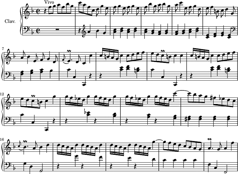 
\version "2.18.2"
\header {
  tagline = ##f
  % composer = "Domenico Scarlatti"
  % opus = "K. 168"
  % meter = "Vivo"
}
%% les petites notes
trillC      = { \tag #'print { c8\prall } \tag #'midi { d32 c d c } }
trillEp     = { \tag #'print { e4.\prall } \tag #'midi { f32 e f e~ e4 } }
trillBesp   = { \tag #'print { bes4.\prall } \tag #'midi { c32 bes c bes~ bes4 } }
trillAp     = { \tag #'print { a4.\prall } \tag #'midi { bes32 a bes a~ a4 } }
upper = \relative c'' {
  \clef treble 
  \key f \major
  \time 2/2
  \tempo 2 = 58
  \set Staff.midiInstrument = #"harpsichord"
  \override TupletBracket.bracket-visibility = ##f
      s8*0^\markup{Vivo}
      r4 f8 g a f bes g | c a f c d g4 e8 | f g4 e8 f g4 e8 |
      % ms. 4
      f8 bes4 g8 a bes4 g8 | a c4 e,8 f g4 d8 | e f4 b,8 c d4 g,8 | a bes4 e,8 f g4 d8 |  
      % ms. 8
      \appoggiatura f8 \trillEp d8 c4 c' | c16 b a g c4 c8 d e f | e d \trillC b8 c4 c | c16 b a g c4 c8 d e f |
      % ms. 12
      e d \trillC b8 c4 g' | \repeat unfold 3 { g16 f ees d g4 } g16 f ees d c'4~ | c8 bes a g fis ees d c |
      % ms. 16
      \appoggiatura c8 \trillBesp a8 bes4 d | \repeat unfold 3 { d16 c bes a d4 }  d16 c bes a g'4~ | g8 f e d c bes a g |
      % ms. 20
      \trillAp g8 a4 f' |
}
lower = \relative c' {
  \clef bass
  \key f \major
  \time 2/2
  \set Staff.midiInstrument = #"harpsichord"
  \override TupletBracket.bracket-visibility = ##f
    % ************************************** \appoggiatura a8  \repeat unfold 2 {  } \times 2/3 { }   \omit TupletNumber 
      R1 | r4   \clef treble  a'4 bes g | \repeat unfold 2 { < a c >4 < bes d > } |
      % ms. 4
      < a c >4 < g bes > < f a >  < g bes > | < f a > < g bes > < a c > < bes d > | < c, e > < d f > < e g > < c e > |   \clef bass < f, a > <  g bes > < a c > bes |
      % ms. 8
      c4 c, c, r4 | \repeat unfold 2 { r4 < c'' e >4 < d f > < b d > |
      % ms. 12
      c4 c, c, r4 } | r4 < c'' ees > r4 < bes d > | r4 < a c > r4 < g bes > | < fis a > q q q |
      % ms. 16
      g4 d g,2 | r4 g''4 r4 f4 | r4 e4 r4 d | c c c c | 
      % ms. 20
      f,4 c f,2 |
}
thePianoStaff = \new PianoStaff <<
    \set PianoStaff.instrumentName = #"Clav."
    \new Staff = "upper" \upper
    \new Staff = "lower" \lower
  >>
\score {
  \keepWithTag #'print \thePianoStaff
  \layout {
      #(layout-set-staff-size 17)
    \context {
      \Score
     \override SpacingSpanner.common-shortest-duration = #(ly:make-moment 1/2)
      \remove "Metronome_mark_engraver"
    }
  }
}
\score {
  \keepWithTag #'midi \thePianoStaff
  \midi { }
}
