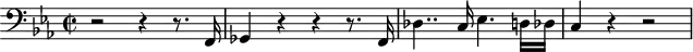 
\header {
  tagline = ##f
}
\score {
  \new Staff \with {
  }
<<
  \relative c {
    \clef treble
    \key ees \major
    \time 2/2
    \tempo 2 = 60
    \override TupletBracket #'bracket-visibility = ##f 
    %\autoBeamOff
    \set Staff.midiInstrument = #"string ensemble 1"
     %%%%%%%%%%%%%%%%%%%%%%%%%% AB 8-1 th1
     \clef bass r2 r4 r8. f,16 ges4 r4 r4 r8. f16 des'4.. c16 ees4. d!16 des c4 r4 r2 %%%% r2 r4 r8. d!16 ees4
  }
>>
  \layout {
    \context { \Score \remove "Metronome_mark_engraver"
    }
  }
  \midi {}
}
