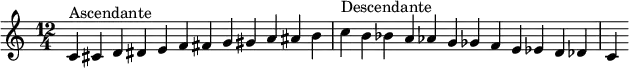 
    \relative c' {
  \clef treble \time 12/4
  c4^\markup { Ascendante } cis d dis e f fis g gis a ais b
  c^\markup { Descendante } b bes a aes g ges f e es d des c
    }
