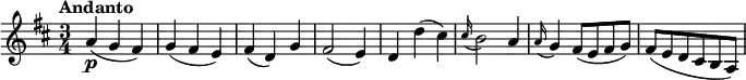 
\relative c'' {
  \version "2.18.2"
  \key d \major
  \tempo "Andanto"
  \time 3/4
  \tempo 4 = 90
 a4\p (g fis)
 g (fis e)
 fis (d) g
 fis2 (e4)
 d d' (cis)
 \grace cis16 (b2) a4
 \grace a16 (g4) fis8 (e fis g)
 fis (e d cis b a)
}
