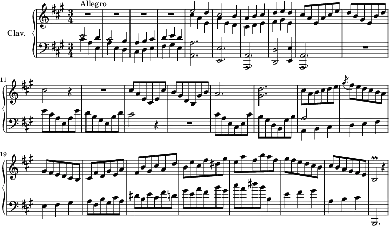 
\version "2.18.2"
\header {
  tagline = ##f
  % composer = "Domenico Scarlatti"
  % opus = "K. 500"
  % meter = "Allegro"
}
%% les petites notes
trillBb     = { \tag #'print { b2\prall } \tag #'midi { cis16 b cis b~ b4 } }
upper = \relative c'' {
  \clef treble 
  \key a \major
  \time 3/4
  \tempo 4 = 162
      s8*0^\markup{Allegro}
      R2.*4 | << { e2 d4 | cis2 b4 | a4 b cis | d e d } 
       \\ { cis4 a e | a e d | cis d e | fis gis e } >>
      % ms. 9
      cis'8 a e a cis e | d b gis e b' d | cis2 r4 | R2. |
      % ms. 13
      cis8 a e cis e cis' | b gis d b gis' b | a2. | < gis d' > | cis8 a b cis d e |
      % ms. 18
      \acciaccatura gis8 fis8 e d cis b a | gis fis e d cis b | cis fis d gis e a | fis b gis cis a d | b e cis fis dis gis |
      % ms. 23
      e8 a fis b a fis | gis fis e d cis b | cis b a gis fis e | \trillBb r4 |
      % ms. 28
      % ms. 33
      % ms. 38
}
lower = \relative c' {
  \clef bass
  \key a \major
  \time 3/4
    % ************************************** \appoggiatura a16  \repeat unfold 2 {  } \times 2/3 { }   \omit TupletNumber 
      << { e2 d4 | cis2 b4 | a4 b cis | d e d } 
       \\ { cis4 a e | a e d | cis d e | fis gis e } >> |
      < a, a' >2. | < e e' >
      % ms. 7
      < a, a' >2. | < d d' >2 < e e' >4 | < a, a' >2. | R2. | e'''8 cis a e a e' | d b gis e b' d |
      % ms. 13
      cis2 r4 | R2. | cis8 a e cis e cis' | b gis d b gis' b | << { a2 } \\ { a,4 b cis } >>
      % ms. 18
      d4 e fis | e fis gis | a8 fis b gis cis a | dis b e cis fis d! | gis e a fis b gis |
      % ms. 23
      cis8 a dis b b,4 | e fis gis | a, b cis | b,,2. 
      % ms. 28
      % ms. 33
      % ms. 38
}
thePianoStaff = \new PianoStaff <<
    \set PianoStaff.instrumentName = #"Clav."
    \new Staff = "upper" \upper
    \new Staff = "lower" \lower
  >>
\score {
  \keepWithTag #'print \thePianoStaff
  \layout {
      #(layout-set-staff-size 17)
    \context {
      \Score
     \override TupletBracket.bracket-visibility = ##f
     \override SpacingSpanner.common-shortest-duration = #(ly:make-moment 1/2)
      \remove "Metronome_mark_engraver"
    }
  }
}
\score {
  \keepWithTag #'midi \thePianoStaff
  \midi { \set Staff.midiInstrument = #"harpsichord" }
}
