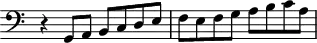 
\header {
  tagline = ##f
}
\score {
  \new Staff \with {
     \remove "Time_signature_engraver"
  }
<<
  \relative c {
    \key c \major
    \clef bass
    \time 2/2
    \override TupletBracket #'bracket-visibility = ##f 
     %%% f° 32
     r4 g8 a b c d e f e f g a b c a
  }
>>
  \layout {
     \context { \Score \remove "Metronome_mark_engraver" }
  }
  \midi {}
}
