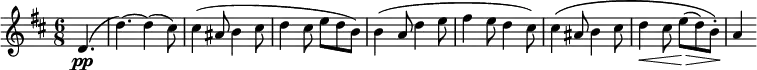 
\relative d' {
 \version "2.18.2"
 \key d \major \time 6/8
 \set Score.tempoHideNote = ##t \tempo 2. = 80
 \set Staff.midiInstrument = "violin"
 \partial 4. d4.\pp( |
 d'4.)~ d4( cis8) |
 cis4( ais8 b4 cis8 |
 d4 cis8 e d b) |
 b4( a8 d4 e8 |
 fis4 e8 d4 cis8) |
 cis4\( ais8 b4 cis8 |
 d4\< cis8 e(\> d) b-.\) |
 a4\!
}
