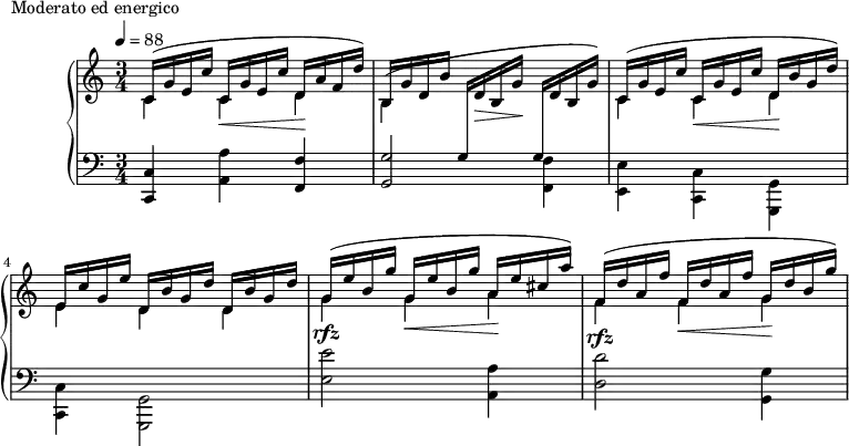 
\version "2.18.2"
\header {
  tagline = ##f
}
upper = \relative c' {
  \clef treble 
  \key c \major
  \time 3/4
  \tempo 4 = 88
  %\autoBeamOff
   %%Montgeroult — Étude 20 (pdf p. 55)
   << { \repeat unfold 2 { c16^( g' e c' } d, a' f d') b,16 g' d b' } \\ { c,4 c\< d\! | b^( \stemUp \change Staff = "lower" g16 \change Staff = "upper" d'16\> b g'\! \change Staff = "lower" g,16 \change Staff = "upper" d'16 b g') |  } >>
   << { \repeat unfold 2 { c,16^( g' e c' } d,16 b' g d') | e, c' g e' \repeat unfold 2 { d,16 b' g d' } } \\ { c,4 c\< d\! | e d d } >> 
   << { \repeat unfold 2 { g16( e' b g' } a,16 e' cis a') } \\ { g,4 g\< a\! } >>
   << { \repeat unfold 2 { f16^( d' a f' } g,16 d' b g') } \\{ f,4 f\< g\! } >>
}
lower = \relative c {
  \clef bass
  \key c \major
  \time 3/4
   < c c, >4 < a' a, > < f f, > | < g g, >2 \stemDown < f f, >4 | < e e, > < c c, > < g g, > | < c c, > < g g, >2 |
   < e'' e, >2^\rfz < a, a, >4 < d d, >2^\rfz <g, g, >4
}
  \header {
    piece = "Moderato ed energico"
  }
\score {
  \new PianoStaff <<
    \new Staff = "upper" \upper
    \new Staff = "lower" \lower
  >>
  \layout {
    \context {
      \Score
    }
  }
  \midi { }
}
