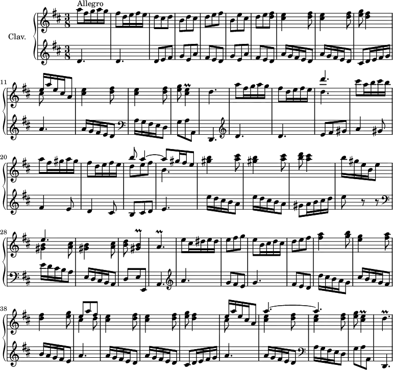 
\version "2.18.2"
\header {
  tagline = ##f
  % composer = "Domenico Scarlatti"
  % opus = "K. 288"
  % meter = "Allegro"
}
%% les petites notes
trillCisE       = { \tag #'print { < cis e >4\prall } \tag #'midi { << { cis4 } \\ { fis32 e fis e~ e8 } >> } }
trillGisB       = { \tag #'print { < gis b >4\prall } \tag #'midi { << { gis4 } \\ { cis32 b cis b~ b8 } >> } }
trillAp         = { \tag #'print { a4.\prall } \tag #'midi { b32 a b a~ a4 } }
trillDp         = { \tag #'print { d4.\prall } \tag #'midi { e32 d e d~ d4 } }
upper = \relative c'' {
  \clef treble 
  \key d \major
  \time 3/8
  \tempo 4. = 72
  \set Staff.midiInstrument = #"reed organ"
  \override TupletBracket.bracket-visibility = ##f
      s8*0^\markup{Allegro}
      a'8 fis16 g a g | fis8 d16 e fis e | d8 cis d | b d cis | d e fis | b, e cis |
      % ms. 7
      d8 e < d fis > | \repeat unfold 2 { < cis e >4 < d fis >8 } | < e g >8 < d fis >4 | << { e16 a e cis a8 } \\ { cis8 } >> | \repeat unfold 2 { < cis e >4 < d fis >8 } |
      % ms. 14
      < e g >8 \trillCisE d4. | a'8 fis16 g a g | fis8 d16 e fis e | << { d'4. } \\ { d,4. } >> | cis'8 a16 b cis b | 
      % ms. 20
      a8 fis16 gis a gis | fis8 d16 e fis e | << { b'8 a4~ | a8 gis16 fis e8 } \\ { d8 e fis | b,4. } >> \repeat unfold 2 { < gis' b >4 < a cis >8 } |
      % ms. 26
      < b d >8 < a cis >4 | b16 gis e b e8 | << { e4.~ |  } \\ { \repeat unfold 2 { < gis, b >4 < a cis >8 } } >> < b d >8 \trillGisB | \trillAp
      % ms. 32
      e'8 cis16 dis e dis | e8 fis g | e b16 cis d cis | d8 e fis | < fis a >4 < g b >8 | < e g >4 < fis a >8
      % ms. 38
      < d fis >4 < e g >8 | << { e8 a fis } \\ { cis4 d8 } >> | \repeat unfold 2 { < cis e >4 < d fis >8 } | < e g >8 < d fis >4 | << { e16 a e cis a8 a'4.~ a } \\ { cis,8 s4 | \repeat unfold 2 { < cis e >4 < d fis >8 } } >> |
      % ms. 46
      < e g >8 \trillCisE | \trillDp
}
lower = \relative c' {
  \clef bass
  \key d \major
  \time 3/8
  \set Staff.midiInstrument = #"flute"
  \override TupletBracket.bracket-visibility = ##f
    % ************************************** \appoggiatura a16  \repeat unfold 2 {  } \times 2/3 { }   \omit TupletNumber 
        \clef treble  d4. d | d8 e fis | \repeat unfold 2 { g e a | fis e d } | 
      % ms. 8
      \repeat unfold 2 { a'16 g fis e d8 } | cis8 d16 e fis g | a4. | a16 g fis e d8 |   \clef bass
      % ms. 13
      a16 g fis e d8 | g8 a a, | d,4. |  \clef treble  d''4. d | e8 fis gis | a4 gis8 |
      % ms. 20
      fis4 e8 | d4 cis8 | b8 cis d | e4. | \repeat unfold 2 { e'16 d cis b a8 } |
      % ms. 26
      gis8 a16 b cis d | e8 r8 r8 |   \clef bass e,16 d cis b a8 | e16 d cis b a8 | d8 e e, | a4. |  \clef treble
      % ms. 32
      a''4. | g8 fis e | g4. | fis8 e d | d'16 cis b a g8 | cis16 b a g fis8 | 
      % ms. 38
      b16 a g fis e8 | a4. | \repeat unfold 2 { a16 g fis e d8 } | cis8 d16 e fis g | a 4. | 
      % ms. 44
      a16 g fis e d8 | \clef bass a16 g fis e d8 | g8 a a, | d,4. |
}
thePianoStaff = \new PianoStaff <<
    \set PianoStaff.instrumentName = #"Clav."
    \new Staff = "upper" \upper
    \new Staff = "lower" \lower
  >>
\score {
  \keepWithTag #'print \thePianoStaff
  \layout {
      #(layout-set-staff-size 17)
    \context {
      \Score
     \override SpacingSpanner.common-shortest-duration = #(ly:make-moment 1/2)
      \remove "Metronome_mark_engraver"
    }
  }
}
\score {
  \keepWithTag #'midi \thePianoStaff
  \midi { }
}
