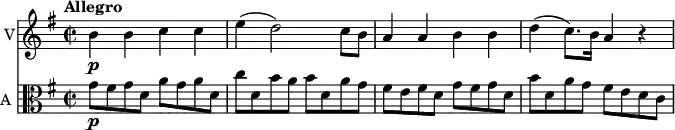 
<< \new Staff \with { instrumentName = #"V"}  
     \relative c'' {
    \version "2.18.2"
    \key g \major 
    \tempo "Allegro"
    \time 2/2
    \tempo 4 = 120
   b4 \p b c c 
   e (d2) c8 b
   a4  a b b
   d (c8.) b16 a4 r
}
\new Staff \with { instrumentName = #"A "} \relative c' {
    \key g \major 
    \clef "alto"
     g'8 \p fis  g  d a' g a d,
     c' d, b' a b d, a' g
     fis8 e fis  d  g fis g  d
     b' d, a' g fis e d c
}
>>
