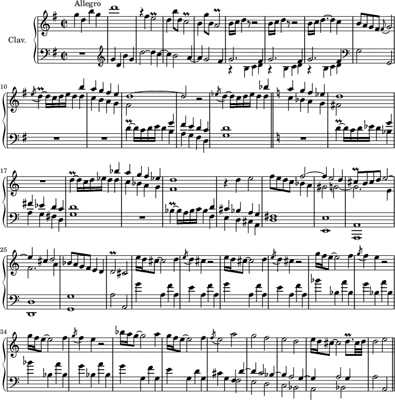 
\version "2.18.2"
\header {
  tagline = ##f
  % composer = "Domenico Scarlatti"
  % opus = "K. 539"
  % meter = "Allegro"
}
%% les petites notes
trillEb     = { \tag #'print { e2\prall } \tag #'midi { fis16 e fis e~ e4 } }
trillCb     = { \tag #'print { c2\prall } \tag #'midi { d16 c d c~ c4 } }
trillAb     = { \tag #'print { a2\prall } \tag #'midi { b16 a b a~ a4 } }
trillDUpUp  = { \tag #'print { d''4\prall~ } \tag #'midi { e16 d e d~ } }
trillDUp    = { \tag #'print { d'4\prall~ } \tag #'midi { ees16 d ees d~  } }
trillD      = { \tag #'print { d4\prall~ } \tag #'midi { e16 d e d~  } }
trillBes    = { \tag #'print { bes4\prall~ } \tag #'midi { c16 bes c bes~ } }
trillCisq   = { \tag #'print { cis8\prall } \tag #'midi { \times 2/3 { cis16 d cis } } }
trillDb     = { \tag #'print { d2\prall } \tag #'midi { e16 d e d~ d4 } }
upper = \relative c'' {
  \clef treble 
  \key g \major
  \time 2/2
  \tempo 2 = 92
  \set Staff.midiInstrument = #"harpsichord"
      s8*0^\markup{Allegro}
      g'4 d b' g | d'1 | a4\rest fis4 \trillEb | d4 b'8 d, \trillCb | b4 g'8 b, \trillAb
      % ms. 6
      \repeat unfold 2 { b16 c d4 r8 r2 } | b16 c d4.~ d4 c | b8 a g fis \appoggiatura fis8 g2 | \acciaccatura e'8 \trillD d16 c d e d4 
      % ms. 10 fin…
      << { b'4 | a g fis e | d1~ | d2 } \\ { d4 | c b a g | fis2 } >> r2 | \acciaccatura ees'8 d4~ d16 c d ees d4 << { bes'4 } \\ { d,4 } >>  \key c \major
      % ms. 16
      << { a' g f ees | d1 } \\ { c4 bes a g | fis2 } >> R1 | \trillDUp d16 c d ees d4 << { bes'4 | a g f ees | d1 } \\ { d4 | c bes a g | f1 } >> 
      % ms. 21
      r4 d'4 e2 | f8 e d c << { f2~ | f4 e2 d4 | \trillCisq b8 cis d e2~ | e4 cis d2  } \\ { bes4 a | gis2 g2~ | g2. e4 | f2. a4 } >>
      % ms. 26
      bes8 a g f e4 d | \trillDb cis2 | \repeat unfold 2 { e'16 d cis8~ cis2 d4 | \acciaccatura e8 d4 cis r2 } |
      % ms. 32
      \repeat unfold 2 { g'16 f e8~ e2 f4 | \acciaccatura g8 f4 e r2 } | bes'16 a g8~ g2 a4 | 
      % ms. 37
      g16 f e8~ e2 f4 | \acciaccatura f8 e2 a | g f e d | e16 d cis8~ cis2 d8.\prall cis32 d | d2 e 
}
lower = \relative c' {
  \clef bass
  \key g \major
  \time 2/2
  \set Staff.midiInstrument = #"harpsichord"
    % ************************************** \appoggiatura a16  \repeat unfold 2 {  } \times 2/3 { }   \omit TupletNumber 
      R1 |   \clef treble  g'4 d b' g | d'2~ d4 c~ | c b2 a4~ | a g2 fis4 |
      % ms. 6
      \repeat unfold 3 { << { g2. fis4 } \\ { r4 b,4 c d } >> }   \clef bass | g,2 g, | R1*2
      % ms. 12
      \trillDUpUp d16 c d e d4 << { g4 fis e d c | d1 } \\ { b4 | a g fis d | g1 } >>  \bar "||"   \key c \major R1 |
      % ms. 16
      \trillDUp d16 c d ees d4 << { g4 fis ees d c | d1 } \\ { bes4 | a g fis d | g1 } >> | R1 | \trillBes bes16 a bes c bes4
      % ms. 20 fin…
      << { d4 | cis bes a g | fis1 } \\ { f4 | e d cis a | d1 } >> | < e, e' >1 < a, a' > < d d' >
      % ms. 26
      < g g' >1 | a'2 a, | \repeat unfold 2 { g''4 a, f' a, | e' a, f' a, }
      % ms. 32
      \repeat unfold 2 { bes'4 bes, a' bes, | g' bes, a' bes, } | g' g, f' g, |
      % ms. 37
      e'4 g, d' g, | cis g << { f4 d'~ | d c2 bes4~ | bes a2 g4~ | g a2 g4 } \\ { f2 | e d c bes | a bes } >> a'2 a, \bar "||"
}
thePianoStaff = \new PianoStaff <<
    \set PianoStaff.instrumentName = #"Clav."
    \new Staff = "upper" \upper
    \new Staff = "lower" \lower
  >>
\score {
  \keepWithTag #'print \thePianoStaff
  \layout {
      #(layout-set-staff-size 17)
    \context {
      \Score
     \override TupletBracket.bracket-visibility = ##f
     \override SpacingSpanner.common-shortest-duration = #(ly:make-moment 1/2)
      \remove "Metronome_mark_engraver"
    }
  }
}
\score {
  \keepWithTag #'midi \thePianoStaff
  \midi { }
}
