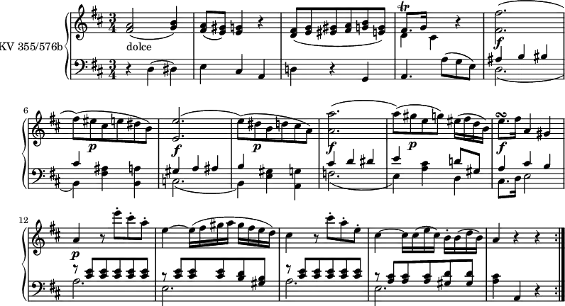 
\version "2.14.2"
\header {
  tagline = ##f
}
upper = \relative c'' { 
         \clef "treble"          
         \key d \major
         \time 3/4 
         \tempo 4 = 72                 
         \set Staff.midiInstrument = #"dulcimer"
  \repeat volta 2 {
    <fis, a>2_ \markup {dolce} (<g b>4)
    <fis a>8 (<e gis>) <e g>4 r
    <d fis>8 (<e g> <eis gis>  <fis a> <g b>  <e! g>)
     << {fis8.\trill g16} \\ {d4 cis}>> r4
      <fis fis'>2.\f
      (fis'8) (eis\p cis e dis b)
      <e, e'>2.\f
      (e'8) (dis\p b d cis a)
      <a a'>2.\f
      (a'8) (gis\p e g) eis16 (fis d b)
      e8.\turn \f fis16 a,4 gis
      a\p r8 e''-. cis-. a-.
      e4 ~ e16 (fis gis a gis fis e d)
      cis4 r8 cis'-. a-. e-.
      cis4  ~ cis16 cis (e cis) b-. b (d b)
      a4 r r
          }
}
lower = \relative c {
        \clef "bass" 
        \key d \major
        \time 3/4 
        \set Staff.midiInstrument = #"harpsichord"
        \set Staff.midiMinimumVolume = #0.2 
        \set Staff.midiMaximumVolume = #0.4
  \repeat volta 2 { 
    r4 d4 (dis)
    e cis a
    d! r g,
    a4. a'8 (g e)
    << {ais4 b bis cis} \\ {d,2. (b4)}>>
    <fis' ais>4 <b, a'>
    << {gis'4 a ais b} \\ {c,2. (b4)}>>
    <e gis>4 <a, g'>
    << {cis'4 d dis e} \\ {f,2. (e4)}>>
    <a cis>4 
    << {d!8 gis, a4 cis b} \\ {d,4 cis8. d16 e2)}>>
    << {r8 <cis' e>  <cis e>  <cis e> <cis e> <cis e> r  <cis e> <cis e> <cis e>  <b d> 
        <gis b> r8 <cis e>  <cis e>  <cis e> <cis e> <cis e> r  <a cis> <a cis> <a cis>  <gis d'>  <gis d'>} \\ {a2. e a e)}>>
     <a cis>4 a, r
  } 
}
\score {
  \new PianoStaff <<
    \set PianoStaff.instrumentName = #"KV 355/576b"
    \new Staff = "upper" \upper
    \new Staff = "lower" \lower
  >>
  \layout {
    \context {
      \Score
      \remove "Metronome_mark_engraver"
    }
  }
  \midi { }
}
