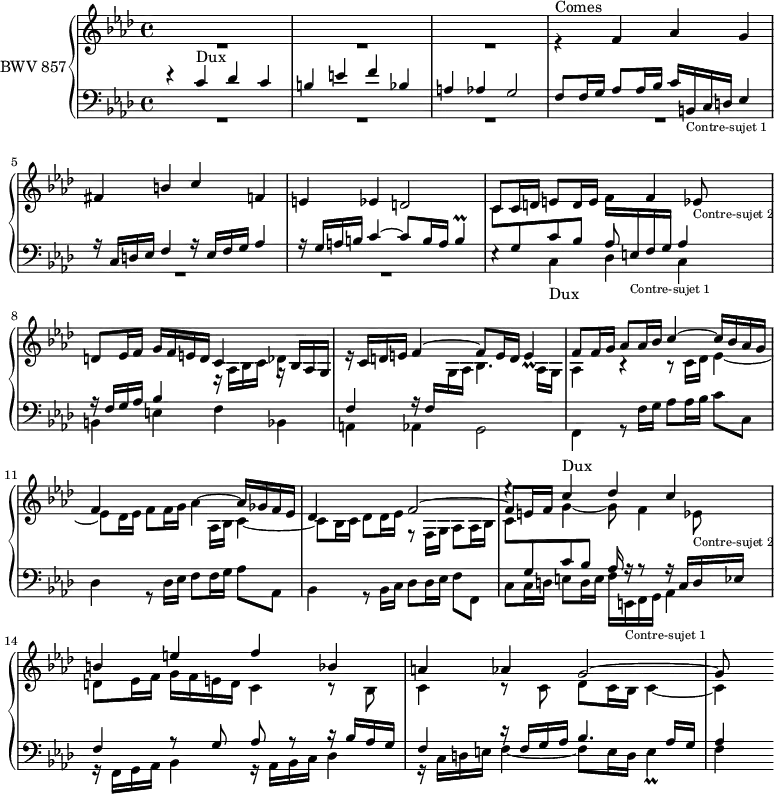 
\version "2.18.2"
\header {
  tagline = ##f
}
Prallbq      = { \tag #'print { b4\prall } \tag #'midi { \times 2/3 { c32 b c } b16~ b8 }  }
Dux          = { e4\rest c4-\markup{Dux} des c b e f bes, a aes g2~ }
Comes        = { r4^\markup{  Comes} f4 aes g fis b c f, e ees d2 }
ContreSujetA = { b16_\markup{\tiny "Contre-sujet 1"} c d ees4 r16 c16 d ees f4 r16   ees16 f g aes4 r16 g16 a b c4~ c8 b16 a \Prallbq }
% le même avec *changement de portée*
ContreSujetAa = { \stemUp \change Staff = "lower" b16_\markup{\tiny "Contre-sujet 1"} c d ees4 e16\rest c16 d ees f4  \stemDown \change Staff = "upper" r16 ees16 f g aes4 \stemUp r16 g16 a b c4^~ c8 b16 a \Prallbq }
ContreSujetB = { ees8_\markup{\tiny "Contre-sujet 2"} d ees16 f g f e d c4 g16\rest bes16 aes g  \stemUp \change Staff = "lower"  f4 r16 f16  \stemDown \change Staff = "upper" g aes bes4. aes16 g aes4 }
% le même avec *changement de portée*
ContreSujetBb = { ees8_\markup{\tiny "Contre-sujet 2"} d ees16 f g f e d c4 \stemUp \change Staff = "lower" c16\rest bes16 aes g  f4 d'16\rest f,16  g aes bes4. aes16 g aes4 }
upper = \relative c'' {
  \clef treble 
  \key f \minor
  \time 4/4
  \tempo 4 = 56
  \set Staff.midiInstrument = #"harpsichord" 
   %% FUGUE CBT I-12, BWV 857, fa mineur
   << { s1*12 \Dux g8 } \\ { R1*3 \stemUp \Comes c8 c16 d e8 d16 e \stemDown f \transpose b e \relative c' { \ContreSujetAa } f8 f16 g aes8 aes16 bes c4^~ c16 bes aes g | f4  } \\ { s1*6 s2 s8 \relative c' { f4 \ContreSujetB } b,4\rest b8\rest \stemDown c16 des ees4_~ | ees8 des16 ees f8 f16 g aes4~   \stemUp aes16 ges f ees | des4 s4 f2~ f8 e16 f \stemDown g4_~ g8 f4 \ContreSujetBb } >>
}
lower = \relative c' {
  \clef bass 
  \key f \minor
  \time 4/4
  \set Staff.midiInstrument = #"harpsichord" 
   << { \Dux f8 f16 g aes8 aes16 bes c \relative c { \ContreSujetA } \stemDown \change Staff = "upper" c8 \stemUp \change Staff = "lower" g c bes aes    s4 s1*3 s2.   | \stemDown \change Staff = "upper" aes16 bes c4_~ c8 bes16 c des8 des16 ees f,8\rest f16 g aes8 aes16 bes  c8 \stemUp \change Staff = "lower" g c bes aes16 r16 r8 r16 c,16 d ees f4 r8 g8 aes r8  \stemDown \change Staff = "upper"  c8\rest bes8 c4 c8\rest c8 des c16 bes c4_~ c4   } \\ { R1*6 \relative c { \Dux f4 r8 f'16 g aes8 aes16 bes c8 c, des4 r8 des16 ees f8 f16 g aes8 aes, bes4 r8 bes16 c des8 des16 ees f8 f, c' c16 d e8 d16 e f } \transpose b e \relative c { \ContreSujetA } f,4 } >>
} 
 thePianoStaff = \new PianoStaff <<
    \set PianoStaff.instrumentName = #"BWV 857"
    \new Staff = "upper" \upper
    \new Staff = "lower" \lower
  >>
\score {
  \keepWithTag #'print \thePianoStaff
  \layout {
    \context {
      \Score
      \remove "Metronome_mark_engraver"
      %\override SpacingSpanner.common-shortest-duration = #(ly:make-moment 1/2) 
    }
  }
}
\score {
  \keepWithTag #'midi \thePianoStaff
  \midi { }
}
