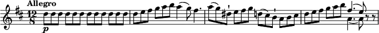 
\relative c' {
         \clef "treble" 
         \version "2.18.2"
         \tempo "Allegro" 
         \key d \major
         \time 12/8
                  d'8\p d d d d d d  d d d d d
                  d e fis g a b a4 (g8) fis4.
                  a8 (g) dis-! e fis g d (cis) b-! a b cis
                  d e fis g a  b << {fis4. (e8)} \\  {a,4. (a8)}>> r8 r8
}
