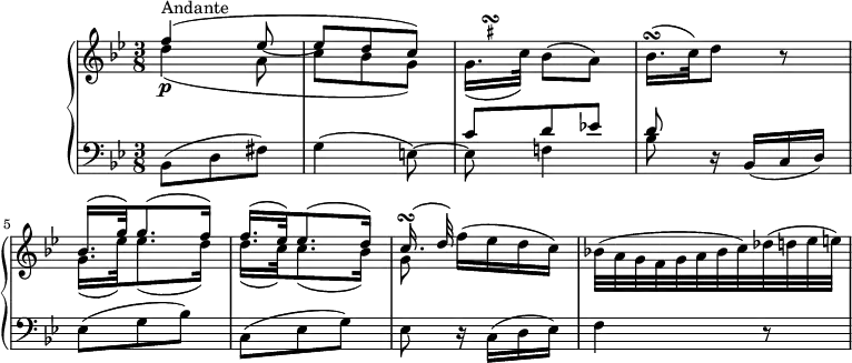 
\version "2.18.2"
\header {
  tagline = ##f
}
upper = \relative c' {
         \clef "treble" 
         \tempo "Andante"
         \key bes \major
         \time 3/8 
         \tempo 4 = 50
         <<{\stemDown d'4\p _ (a8 c bes g) } \\ { \stemUp f'4 ^\markup {Andante} ^  ( ees8 ~ ees d c) }>>
          \transpose f g  \relative c' <<
         { \stemDown f16. _ ([b32]) }
         {s32
           \once \set suggestAccidentals = ##t
           \once \override AccidentalSuggestion.outside-staff-priority = ##f
           \once \override AccidentalSuggestion.avoid-slur = #'inside
           \once \override AccidentalSuggestion.font-size = -3
           \once \override AccidentalSuggestion.script-priority = -1
           \single \hideNotes
           b16-\turn \noBeam
           s32
       } >>  bes8 (a)
       bes16. \turn (c32) d8 r
       <<{\stemDown g,16. _ (ees'32) ees8. _ (d16) d16. _ (c32) c8. _ (bes16) g8} \\ 
       {\stemUp bes16. ^ ( g'32) g8. ^(f16) f16. ^(ees32) ees8. ^(d16) c16. ^ \turn ^(d32)}>> 
       f16 (ees d c)
       bes!32 (a g f g a bes c) des (d ees e)
}
lower =\relative c {      
         \clef "bass" 
         \key bes \major
         \time 3/8
     bes8 (d fis)
     <<{\stemDown g4 (e8) ~ e f!4 bes8} \\ { \stemUp s4. c8 d ees! d8 }>>
     r16 bes, (c d)
     ees8 (g bes)
     c, (ees g)
     ees r16 c (d ees)
     f4 r8
  }     
\score {
  \new PianoStaff <<  
    \new Staff = "upper" \upper
    \new Staff = "lower" \lower
  >>
  \layout {
    \context {
      \Score
      \remove "Metronome_mark_engraver"
    }
  }
  \midi { }
}
