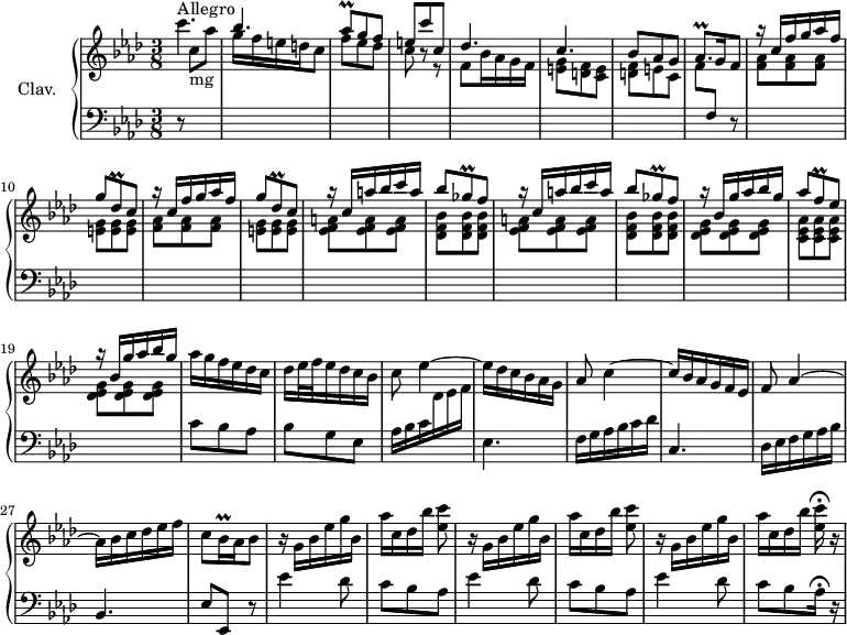 
\version "2.18.2"
\header {
  tagline = ##f
  % composer = "Domenico Scarlatti"
  % opus = "K. 184"
  % meter = "Allegro"
}
%% les petites notes
trillAesq      = { \tag #'print { aes8\prall } \tag #'midi { bes32 aes bes aes } }
trillAesqp     = { \tag #'print { aes8.\prall } \tag #'midi { bes32 aes bes aes~ aes16 } }
trillDesq      = { \tag #'print { des8\prall } \tag #'midi { ees32 des ees des } }
trillGesq      = { \tag #'print { ges8\prall } \tag #'midi { aes32 ges aes ges } }
trillBesqq     = { \tag #'print { bes16\prall } \tag #'midi { \times 2/3 { bes32 c bes } } }
trillFq        = { \tag #'print { f8\prall } \tag #'midi { g32 f g f } }
upper = \relative c'' {
  \clef treble 
  \key f \minor
  \time 3/8
  \tempo 4. = 74
  \set Staff.midiInstrument = #"harpsichord"
  \override TupletBracket.bracket-visibility = ##f
      s8*0^\markup{Allegro}
      c'4. | \stemUp bes | \trillAesq g8 f | e c' c, | des4. | c | 
      % ms. 7
      bes8 aes g | \trillAesqp \tempo 4. = 45 g16 \tempo 4. = 30 f8 | \tempo 4. = 74 \repeat unfold 2 { r16 c'16 f g aes f | g8 \trillDesq c8 } |
      % ms. 13
      \repeat unfold 2 { r16 c16 a' bes c a | bes8 \trillGesq f8 } | r16 bes,16 g' aes bes g | aes8 \trillFq ees8 | r16 bes16 g' aes bes g |
      % ms. 19
      \stemNeutral aes g f ees des c | des16 ees32 f ees16 des c bes | c8 ees4~ | ees16 des c bes aes g | aes8 c4~ | c16 bes aes g f ees | f8 aes4~ |
      % ms. 27
      aes16 bes c des ees f | c8 \trillBesqq \tempo 4. = 45 aes16 \tempo 4. = 30 bes8 | \tempo 4. = 74 \repeat unfold 2 { r16 g16 bes ees g bes, | aes'[ c, des bes'] < ees, c' >8 } | r16 g,16 bes ees g bes, |
      % ms. 34
      aes'[ c, des bes'] \tempo 4. = 30 < ees, c' >16\fermata r16 |
}
lower = \relative c' {
  \clef bass
  \key f \minor
  \time 3/8
  \set Staff.midiInstrument = #"harpsichord"
  \override TupletBracket.bracket-visibility = ##f
    % ************************************** \appoggiatura a16  \repeat unfold 2 {  } \times 2/3 { }   \omit TupletNumber 
      r8 \stemDown \change Staff = "upper" c'8-\markup{mg} aes' | g16 f e d c8 | f8 ees des | c8 r8 r8 | f,8 bes16 aes g f | < e g >8 < d f > < c e > | 
      % ms. 7
      < d f >8 e c | f \stemUp \change Staff = "lower"  f, r8 \stemDown \change Staff = "upper" \repeat unfold 2 { < f' aes >8 q q | < e g > q q } | 
      % ms. 13
      \repeat unfold 2 { < ees f a >8 q q | < des f bes > q q } | < des ees g > q q | < c ees aes > q q | < des ees g > q q | \stemNeutral \change Staff = "lower" c8 bes aes |
      % ms. 21
      bes8 g ees | aes16 bes c \stemDown \change Staff = "upper" des ees f | \stemNeutral \change Staff = "lower"  ees,4. | f16 g aes bes c des | c,4. | des16 ees f g aes bes |
      % ms. 27
      bes,4. | ees8 ees, r8 | \repeat unfold 2 { ees''4 des8 | c8 bes aes } | ees'4 des8 |
      % ms. 34
      c8 bes aes16\fermata r16 |
}
thePianoStaff = \new PianoStaff <<
    \set PianoStaff.instrumentName = #"Clav."
    \new Staff = "upper" \upper
    \new Staff = "lower" \lower
  >>
\score {
  \keepWithTag #'print \thePianoStaff
  \layout {
      #(layout-set-staff-size 17)
    \context {
      \Score
     \override SpacingSpanner.common-shortest-duration = #(ly:make-moment 1/2)
      \remove "Metronome_mark_engraver"
    }
  }
}
\score {
  \keepWithTag #'midi \thePianoStaff
  \midi { }
}
