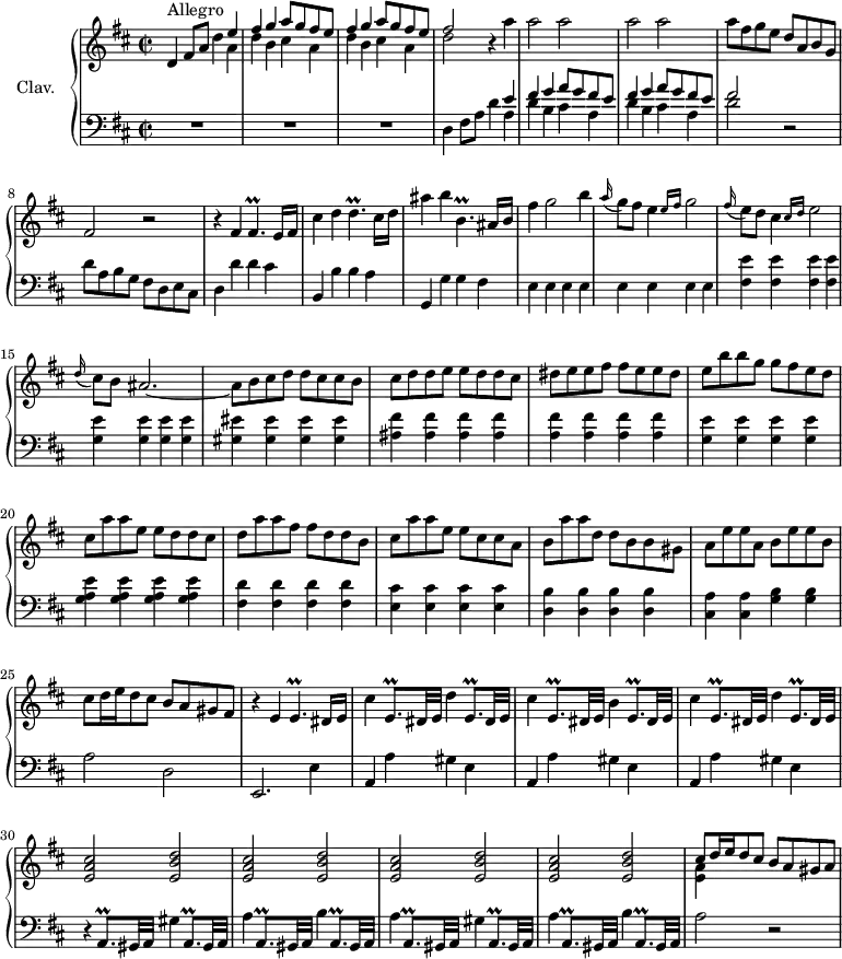 
\version "2.18.2"
\header {
  tagline = ##f
  % composer = "Domenico Scarlatti"
  % opus = "K. 312"
  % meter = "Allegro"
}
%% les petites notes
trillFisp      = { \tag #'print { fis4.\prall } \tag #'midi { g32 fis g fis~ fis4 } }
trillDp        = { \tag #'print { d4.\prall } \tag #'midi { e32 d e d~ d4 } }
trillBpDown    = { \tag #'print { b,4.\prall } \tag #'midi { cis32 b cis b~ b4 } }
aTrill         = { \tag #'print { a,8.\prall gis32 a } \tag #'midi { b32 a b a~ a16 gis32 a } }
eTrill         = { \tag #'print { e,8.\prall dis32 e } \tag #'midi { dis32 e dis e~ e16 dis32 e } }
trillEp        = { \tag #'print { e4.\prall } \tag #'midi { fis32 e fis e~ e4 } }
upper = \relative c'' {
  \clef treble 
  \key d \major
  \time 2/2
  \tempo 2 = 86
  \set Staff.midiInstrument = #"harpsichord"
  \override TupletBracket.bracket-visibility = ##f
      s8*0^\markup{Allegro}
      d,4 fis8 a d4 << { e4 } \\ { a,4 } >> \repeat unfold 2 { << { fis'4 g a8 g fis e } \\ { d4 b cis a } >> } |  << { fis'2 } \\ { d2 } >> r4 a'4 | \repeat unfold 4 { a2 }|
      % ms. 7
      a8 fis g e d a b g | fis2 r2 | r4 fis4 \trillFisp e16 fis | cis'4 d \trillDp cis16 d |
      % ms. 11
      ais'4 b \trillBpDown ais16 b | fis'4 g2 b4 | \appoggiatura a16 g8 fis e4 \grace {  \tempo 2 = 60 e16 fis }  \tempo 2 = 86 g2 | \appoggiatura fis16 e8 d cis4 \grace {  \tempo 2 = 60 cis16 d }  \tempo 2 = 86 e2 | \appoggiatura d16 cis8 b ais2.~ 
      % ms. 16
      ais8 b cis d d cis cis b | cis d d e e d d cis | dis e e fis fis e e dis | e b' b g g fis e d | cis a' a e e d d cis |
      % ms. 21
      d8 a' a fis fis d d b | cis a' a e e cis cis a | b a' a d, d b b gis | a e' e a, b e e b |
      % ms. 25
      cis8 d16 e d8 cis b a gis fis | r4 e4 \trillEp dis16 e | cis'4 \eTrill d'4 \eTrill | cis'4 \eTrill b'4 \eTrill |
      % ms. 29
      cis'4 \eTrill d'4 \eTrill | \repeat unfold 4 { < e a cis >2 < e b' d > }
      % ms. 34
      << { cis'8 d16 e d8 cis b a gis a } \\ { < e a >4 } >>
}
lower = \relative c' {
  \clef bass
  \key d \major
  \time 2/2
  \set Staff.midiInstrument = #"harpsichord"
  \override TupletBracket.bracket-visibility = ##f
    % ************************************** \appoggiatura a16  \repeat unfold 2 {  } \times 2/3 { }   \omit TupletNumber 
      R1*3 | d,4 fis8 a d4  << { e4 } \\ { a,4 } >> \repeat unfold 2 { << { fis'4 g a8 g fis e } \\ { d4 b cis a } >> }
      % ms. 4
      << { fis'2 } \\ { d2 } >> r2 | d8 a b g fis d e cis | d4 d' d cis | b, b' b a |
      % ms. 11
      g,4 g' g fis | \repeat unfold 8 { e4 } | \repeat unfold 4 { < fis e' >4 } | \repeat unfold 4 { < g e' >4 } | 
      % ms. 16
      \repeat unfold 4 { < gis eis' >4 } | \repeat unfold 4 { < ais fis' >4 } | \repeat unfold 4 { < a fis' >4 } | \repeat unfold 4 { < g e' >4 } | \repeat unfold 4 { < g a e' >4 } | 
      % ms. 21
      \repeat unfold 4 { < fis d' >4 } | \repeat unfold 4 { < e cis' >4 } | \repeat unfold 4 { < d b' >4 } | < cis a' >4 q < g' b > q
      % ms. 25
      a2 d, | e,2. e'4 | \repeat unfold 3 { a, a' gis e } |
      % ms. 30
      r4 \aTrill gis'4 \aTrill | a'4 \aTrill b'4 \aTrill | a'4 \aTrill gis'4 \aTrill |
      % ms. 33
      a'4 \aTrill b'4 \aTrill | a'2 r2
}
thePianoStaff = \new PianoStaff <<
    \set PianoStaff.instrumentName = #"Clav."
    \new Staff = "upper" \upper
    \new Staff = "lower" \lower
  >>
\score {
  \keepWithTag #'print \thePianoStaff
  \layout {
      #(layout-set-staff-size 17)
    \context {
      \Score
     \override SpacingSpanner.common-shortest-duration = #(ly:make-moment 1/2)
      \remove "Metronome_mark_engraver"
    }
  }
}
\score {
  \keepWithTag #'midi \thePianoStaff
  \midi { }
}
