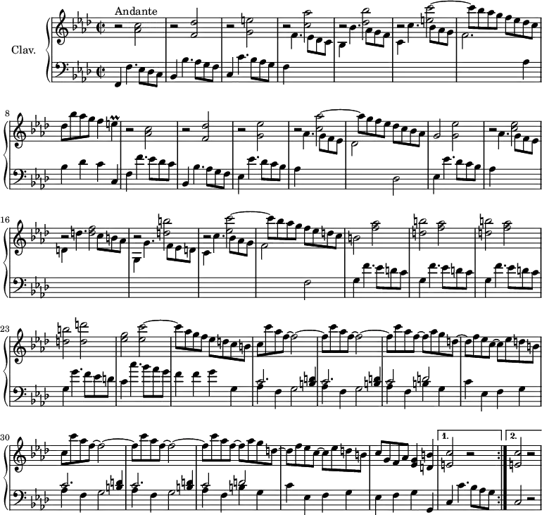 
\version "2.18.2"
\header {
  tagline = ##f
  % composer = "Domenico Scarlatti"
  % opus = "K. 185"
  % meter = "Andante"
}
%% les petites notes
trillE       = { \tag #'print { e4\prall } \tag #'midi { f32 e f e~ e8 } }
upper = \relative c'' {
  \clef treble 
  \key f \minor
  \time 2/2
  \tempo 2 = 68
  \set Staff.midiInstrument = #"harpsichord"
  \override TupletBracket.bracket-visibility = ##f
 \repeat volta 2 {
      s8*0^\markup{Andante}
      r2 < aes c >2 | r2 < f des' >2 | b2\rest < g e' >2 | b2\rest < c aes' >2 | b2\rest < des bes' >2 |  b2\rest < e c' >2~ |
      % ms. 7
      c'8 bes aes g f ees des c | des bes' aes g f4 \trillE | b2\rest < aes c >2 | b2\rest < f des' >2 | b2\rest < g ees' >2 | b2\rest < c aes' >2~ | 
      % ms. 13
      aes'8 g f ees des c bes aes | g2 < g ees' > | b2\rest < c ees > | b2\rest < d f > | b2\rest < d b' > | b2\rest < ees c' >~ |
      % ms. 19
      c'8 bes aes g f ees d c | b2  \repeat unfold 3 { < f' aes > | < d b' > } < d d' > | < ees g > < ees c' >~
      % ms. 25
      c'8 aes g f ees d c b | \repeat unfold 2 { c c' aes f~ f2~ | f8 c' aes f~ f2~ | f8 c' aes f~ f aes g d~ | d f ees c~ c ees d b }
      % ms. 34
      c8 g f aes < ees g >4 < d b' > 
      }%repet 
      \alternative { 
        { < e c' >2 r2 }
        { < e c' >2 r2 }
      }
      % ms. 37
}
lower = \relative c' {
  \clef bass
  \key f \minor
  \time 2/2
  \set Staff.midiInstrument = #"harpsichord"
  \override TupletBracket.bracket-visibility = ##f
 \repeat volta 2 {
    % ************************************** \appoggiatura a16  \repeat unfold 2 {  } \times 2/3 { }   \omit TupletNumber 
      f,,4 f'4. ees8 des c | bes4 bes'4. aes8 g f | c4 c'4. bes8 aes g | f4 \stemDown \change Staff = "upper" f'4. ees8 des c | bes4 bes'4. aes8 g f | c4 c'4. bes8 aes g |
      % ms. 7
      f2. \stemNeutral \change Staff = "lower" aes,4 | bes des c c, | f f'4. ees8 des c | bes,4 bes'4. aes8 g f | ees4 ees'4. des8 c bes | aes4 \stemDown \change Staff = "upper" aes'4. g8 f ees | 
      % ms. 13
      des2 \stemNeutral \change Staff = "lower" des, | ees4 ees'4. des8 c bes | aes4 \stemDown \change Staff = "upper" aes'4. g8 f ees | d4 d'4. c8 b aes | g,4 g'4. f8 ees d | c4 c'4. bes8 aes g |
      % ms. 19
      f2 \stemNeutral \change Staff = "lower" f, | \repeat unfold 3 { g4 f'4. ees8 d c } | g4 g'4. f8 ees d | c4 c'4. bes8 aes g |
      % ms. 25
      f4 f g g, | \repeat unfold 2 { \repeat unfold 2 { << { c2. < b d >4 } \\ { aes4 f g2 } >> } | << { c2 d } \\ { aes4 f b g } >> c4 ees, f g } 
      % ms. 34
      ees4 f g g,
      }%repet
      \alternative {
        { c c'4. bes8 aes g }
        { c,2 r2 }
      }
      % ms. 37
}
thePianoStaff = \new PianoStaff <<
    \set PianoStaff.instrumentName = #"Clav."
    \new Staff = "upper" \upper
    \new Staff = "lower" \lower
  >>
\score {
  \keepWithTag #'print \thePianoStaff
  \layout {
      #(layout-set-staff-size 17)
    \context {
      \Score
     \override SpacingSpanner.common-shortest-duration = #(ly:make-moment 1/2)
      \remove "Metronome_mark_engraver"
    }
  }
}
\score {
  \unfoldRepeats
  \keepWithTag #'midi \thePianoStaff
  \midi { }
}
