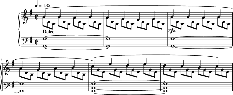 
\version "2.18.2"
\header {
  tagline = ##f
}
upper = \relative c'' {
  \clef treble 
  \key g \major
  \time 2/2
  \tempo 4 = 132
  \override TupletBracket.bracket-visibility = ##f
   %%Montgeroult — Étude 26 (pdf p. 70)
   << { b4(_\markup{Dolce} b a b a g fis4 g } \\ { \omit TupletNumber \times 2/3 { b8[ d, b] } \times 2/3 { b'[ d, b] } \times 2/3 { a'[ d, b] } | \times 2/3 { b'[ d, b] }
      \times 2/3 { a'[ d, b] } \times 2/3 { g'[ d b] }  \times 2/3 { fis'[ d b] } \times 2/3 { g'[ d b] } } >> 
   << { b'4\rfz b a b a g a b c)( e d e } \\ { \times 2/3 { b8[ d, b] } \times 2/3 {  b'[ d, b] } \times 2/3 { a'[ d, b] } \times 2/3 {  b'[ d, b] } \times 2/3 { a'[ d, b] } \times 2/3 { g' d b] } \times 2/3 { a'[ d, b] } \times 2/3 { b'[ d, b] } | \times 2/3 { c'[ g e] } \times 2/3 { e'[ g, e] } \times 2/3 { d'[ g, e] } \times 2/3 { e'[ g, e] } } >>
   << { d'4 c b c) } \\ { \times 2/3 { d8[ g, e] } \times 2/3 { c'[ g e] } \times 2/3 { b'[ g e] } \times 2/3 { c'[ g e] } } >>
}
lower = \relative c' {
  \clef bass
  \key g \major
  \time 2/2
   \repeat unfold 2 { < g g, >1~ q }
    < g c, g >~ q
}
  \header {
    piece = ""
  }
\score {
  \new PianoStaff <<
    \new Staff = "upper" \upper
    \new Staff = "lower" \lower
  >>
  \layout {
    \context {
      \Score
    }
  }
  \midi { }
}
