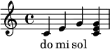 
{
   <<
   \relative c' {
      \key c \major
      \time 4/4
      \transposition c'
      c e g << g e c >>
      }
   \addlyrics { do mi sol
      }
   >>
}
