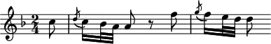 
\header {
  tagline = ##f
}
\score {
  \new Staff \with {
  }
<<
  \relative c'' {
    \key f \major
    \time 2/4
    \override TupletBracket #'bracket-visibility = ##f 
    \autoBeamOff
     %%%%%%%%%%%%%%%%%%%%%%%%%% K33g / Anh 202
     \partial 8 c8 \acciaccatura d8( c16)[ bes32 a] a8 r8 f' \acciaccatura g8( f16)[ e32 d] d8
  }
>>
  \layout {
    \context {
      \remove "Metronome_mark_engraver"
    }
  }
  \midi {}
}
