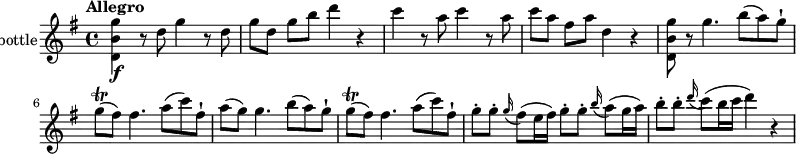 
\version "2.18.2"
\relative c'' {
\set Staff.instrumentName = #"blown bottle"
\set Staff.midiInstrument = "blown bottle"
\key g \major
  \time 4/4
  \tempo "Allegro"
   <d, b' g'>4\f r8 d' g4 r8d
  g[ d] g b d4 r
  c r8 a c4 r8 a
  c[ a] fis a d,4 r
  <d, b' g'>8 r g'4. b8 (a) g-!
  g\trill (fis) fis4. a8 (c) fis,-!
  a (g) g4. b8 (a) g-!
   g\trill (fis) fis4. a8 (c) fis,-!
   g-. g-. \grace g16 (fis8) (e16 fis) g8-. g-. \grace b16 (a8) (g16 a)
   b8-. b-. \grace d16 (c8) (b16 c d4) r4
}
\midi { }
