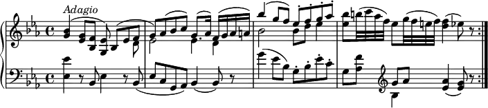 
\version "2.18.2"
\header {
  tagline = ##f
}
upper = \relative c'' {
  \clef treble
  \key ees \major
  \tempo "Adagio"
  \time 4/4
  \tempo 4 = 50
  <g bes>4^\markup{ \italic {Adagio} } ^( <ees g>8 <bes f'> <g ees'>)) 
  <<{\stemDown s4 d'8 ees2 ees4 d bes'2 bes8 d ees4 } \\ { \stemUp bes,8 ^(ees f g) aes ^ (bes c) g8. ^ (aes16) f ^(g aes a) bes'4 ^ (g8 f) ees ^\staccato f ^\staccato g ^\staccato aes ^\staccato}>>
  <ees bes'>8 b'32 (c aes f) ees8 g32 (f e f) <d f>4 (ees8) r \bar ":|."
}
lower =\relative c' {
  \clef bass
  \key ees \major
  <ees, ees'>4 r8 bes8 ees4 r8 bes8
  (ees c g aes) bes4 (bes8) r
  g''4 (ees8 bes) g-. bes-. ees-. c-.
  g [<aes f'>]  \clef treble
  <<{\stemDown bes4} \\ { \stemUp g'8 aes }>> <ees aes>4 (<ees g>8) r  \bar ":|."
}
\score {
  \new PianoStaff <<  
    \new Staff = "upper" \upper
    \new Staff = "lower" \lower
  >>
  \layout {
    \context {
      \Score
      \remove "Metronome_mark_engraver"
    }
  }
  \midi { }
}
