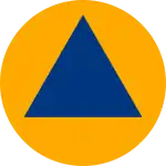 Signe distinctif international de la protection civile représenté par un triangle équilatéral bleu sur fond orange.