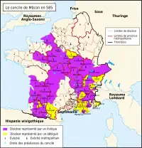 Évêques présents au concile de Mâcon (en violet), diocèses représentés par un délégué (en jaune).