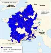 carte des diocèses représentés au concile de Paris (614)