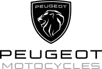 Tête de lion stylisé vu de profil. En dessous est inscrit en majuscule « Peugeot » et « Motocycles ».