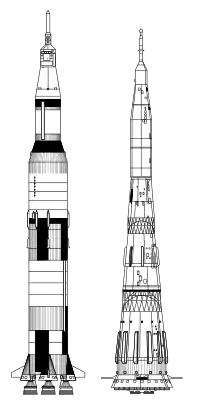 Comparaison des lanceurs Saturn V (à gauche) et N-1 (à droite)