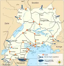 Carte de l'Ouganda montrant les différents lieux des batailles de la guerre ougando-tanzanienne.