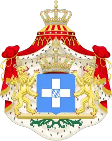 Écu bleu avec une croix blanche ayant en son centre une sorte de damier bleu et blanc. Entouré de deux lions, il est surmonté d'une couronne et possède, en arrière-plan, un manteau de pourpre et d'hermine.