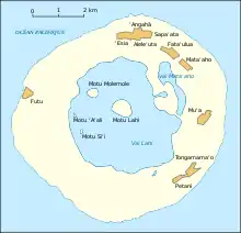 Carte d'une île avec en marron les différents villages.