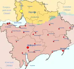 Jaune clair : Territoire sous contrôle ukrainienVert-bleu pâle : Territoire occupé par la Russie puis récupéré par l'UkraineRose pâle : Territoire occupé par la Russie