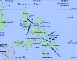 Emplacement du canal Franklin, entre les îles Wollaston et les îles L'Hermite.