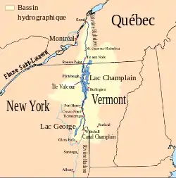 Carte du lac Champlain avec la baie Missisquoi dans le coin nord-est du lac.