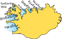 Carte des grandes baies et fjords d'Islande avec le Breiðafjörður à l'ouest.