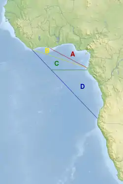 Différentes façons de cartographier le golfe de Guinée : * A ou Golfe intérieur, * AB ou Golfe selon l'OHI,  * ABC ou Golfe tel que le plus couramment entendu,  * ABCD ou Golfe selon la Commission à lui consacrée.