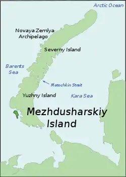 Carte de localisation de l'île Mejdoucharski dans la Nouvelle-Zemble avec au sud le Kostin Shar