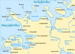 Carte hydronymique et oronymique de Reykjavik et ses environs avec le Skerjafjorður à l'ouest.
