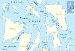 Carte de la mer de Visayan avec le détroit de San Juanico à l'est.