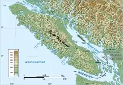 Carte topographique de l'île de Vancouver et du détroit de la Reine-Charlotte au nord.