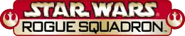 Star Wars: Rogue Squadron est inscrit sur deux lignes en lettres de couleur noir et or sur fond rouge et or.