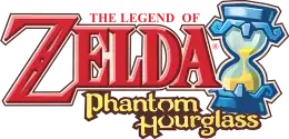 The Legend of Zelda Phantom Hourglass est écrit en couleur rouge et or, tandis qu'un sablier bleu contenant du sable est situé à côté du titre.