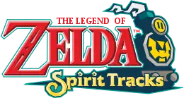 The Legend of Zelda: Spirit Tracks est écrit en lettres rouges et jaunes. Une locomotive à vapeur se distingue dans le fond.