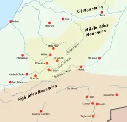 Une carte représentant les différentes villes principalement impliquées dans les guerres Zaïan au moyen et Haut Atlas.